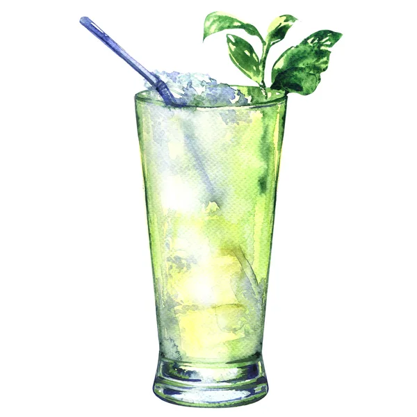 Rum, likér tropické zeleně alkoholický koktejl witn, izolované, akvarel ilustrace — Stock fotografie