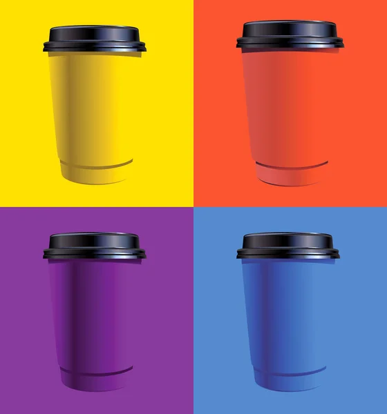 Paper coffee thermo cup in yellow, red, blue, violet color, blank plastic container with black lid, take-out coffee, packaging template mockup, close-up, isolated, vector illustration — Stock Vector