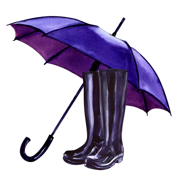 Un par de botas de goma de lluvia negra y un paraguas azul, símbolo de la temporada meteorológica, aislado, ilustración de acuarela dibujada a mano en blanco — Foto de Stock