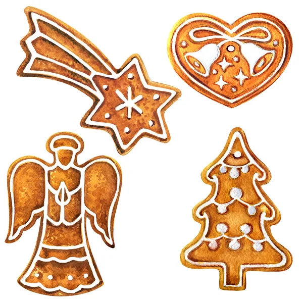 Set of christmas homemade gingerbread cookies, xmas tree, star, angel, heart with jingle bell, isolated, hand drawn watercolor illustration on white — Stock Photo, Image