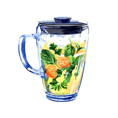 Cam blender havuç, ıspanak, maydanoz ve yeşil yapraklı diyet smoothie yapıyor, sağlıklı kahvaltı beslenme konsepti, kapalı, izole edilmiş, beyaz üzerine elle çizilmiş suluboya çizimi