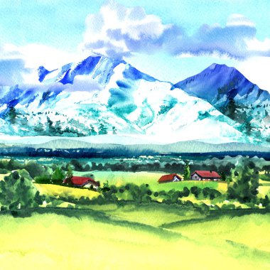 Gökyüzü ve bulutlarla dolu güneşli bir gün, kır evleri, dağ evleri ve dağ arazisi ya da çayırı olan cennet kar dağının panoramik manzarası, elle çizilmiş suluboya çizimi.