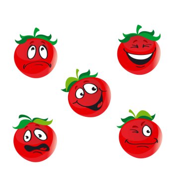 Farklı ifade ve duygulara sahip şirin çizgi film domatesleri, karakter, ikon, izole edilmiş, beyaz üzerinde vektör çizimi