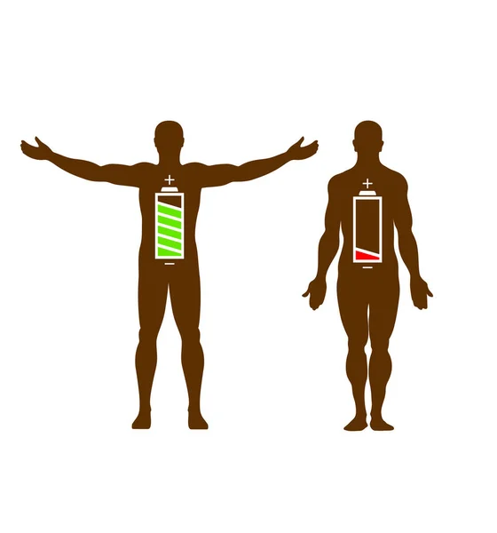 배터리 아이콘이 있는 인간 실루엣, 에너지가 있는 배터리 전원, 사업 개념, 고립 된, 흰색 벡터 일러스트 — 스톡 벡터