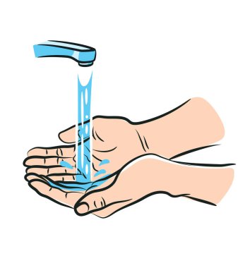 Çeşmeden düşen suyun altında ellerini yıkamak, izole edilmiş. Kişisel temizlik, dezenfeksiyon, antibakteriyel çamaşır konsepti. Vektör illüstrasyonu, düz tasarım