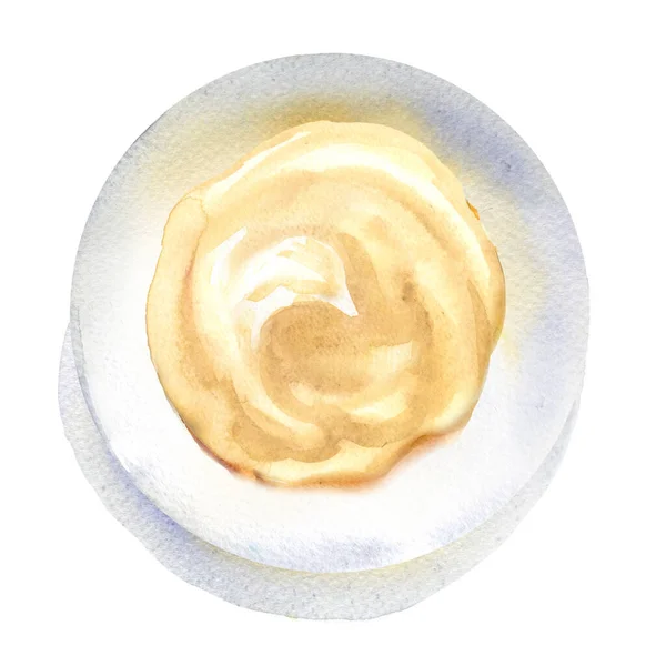 Cuenco de remolino de mayonesa, crema agria en plato blanco, vista superior, primer plano, concepto de alimentos, aislado, acuarela dibujada a mano ilustración en blanco — Foto de Stock