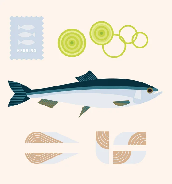 Soğan halkaları ve fileto balıklı ringa balığı, deniz ürünleri, menü tasarımı öğesi, simge, poster, logo şablonu, ambalaj tasarımı, etiket, grafik sembol, ışık üzerine vektör çizimi — Stok Vektör