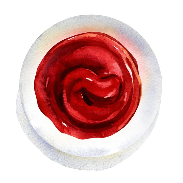 Миска кетчупу або томатного соусу на білій тарілці, вид зверху, крупним планом, концепція їжі, ізольована, намальована рукою акварельна ілюстрація на білому — стокове фото