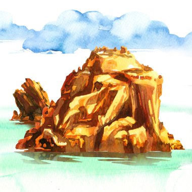 Mavi gökyüzüne ve denize karşı kayaları olan inanılmaz tropikal ada, okyanusta mercan, panorama, beyaz üzerine elle çizilmiş suluboya çizimi