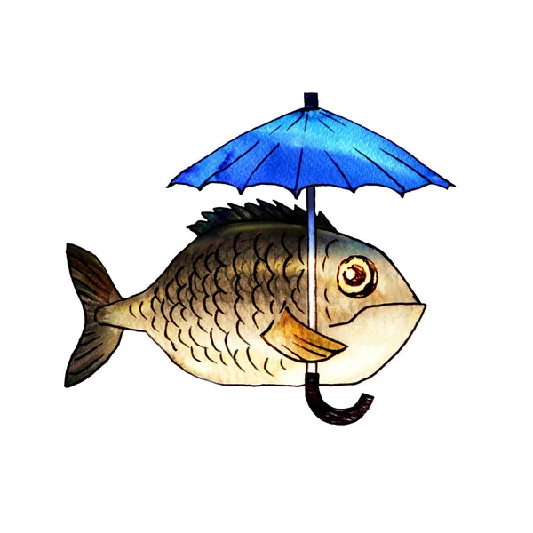 Mavi şemsiyeli balık, karikatür karakteri, konsept, beyaz üzerine elle çizilmiş suluboya çizimi — Stok fotoğraf