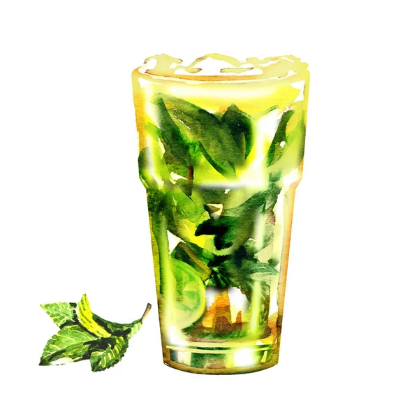 Cóctel frío de verano fresco con menta, limón y cubitos de hielo en vidrio, limonada, bebida mojito, aislado, acuarela dibujada a mano ilustración en blanco — Foto de Stock