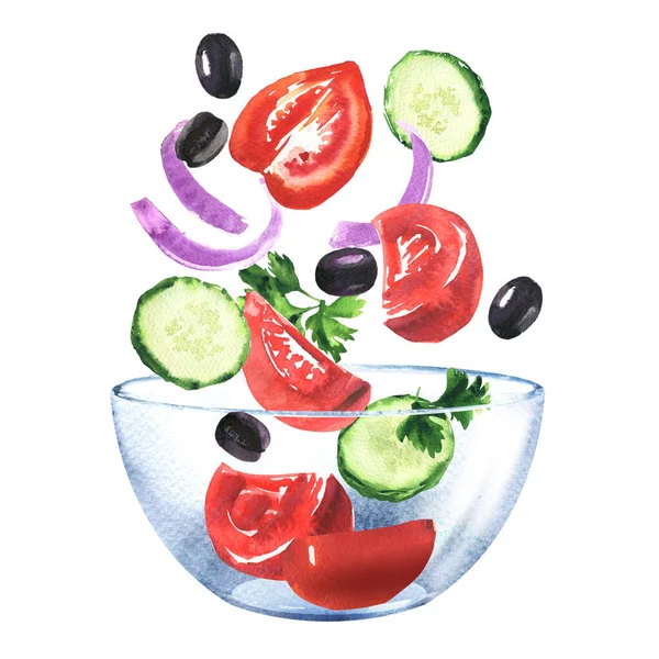Świeże warzywa, krojone pomidory, ogórek, cebula, oliwki i pietruszka, składniki sałatki wpadające do miski, wegetariańskie jedzenie, izolowane, ręcznie rysowane akwarela ilustracja na białym — Zdjęcie stockowe