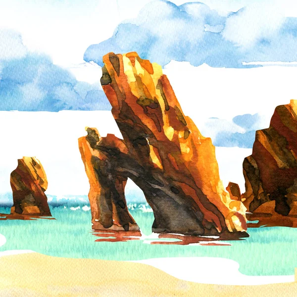 Increíble vista al mar con playa, rocas contra el cielo azul con nubes esponjosas, paisaje escénico del océano, viaje o vacaciones y concepto de resort, acuarela dibujada a mano ilustración — Foto de Stock