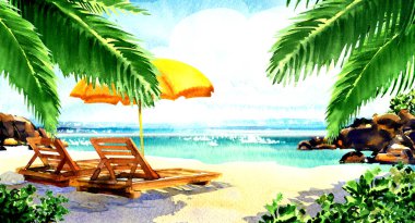 Kumlu plajı, palmiyeleri, denizi, okyanusu, sandalyeleri, şemsiyesi olan güzel bir tropikal ada. Tatil, dinlenme, seyahat, tatil, tatil konsepti, el çizimi suluboya illüstrasyon