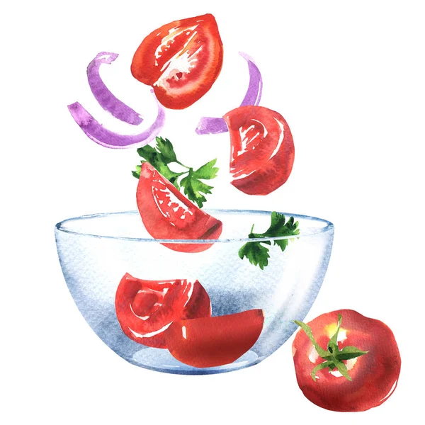 Legumes frescos, tomates fatiados, cebola e salsa, ingredientes para salada caindo em tigela, comida vegetariana saudável, isolado, desenhado à mão ilustração aquarela em branco — Fotografia de Stock