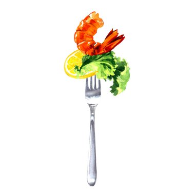 Taze salata salatalı karides ve çatallı limon, lezzetli pişmiş deniz ürünleri, izole edilmiş, beyaz üzerine elle çizilmiş suluboya resimler.