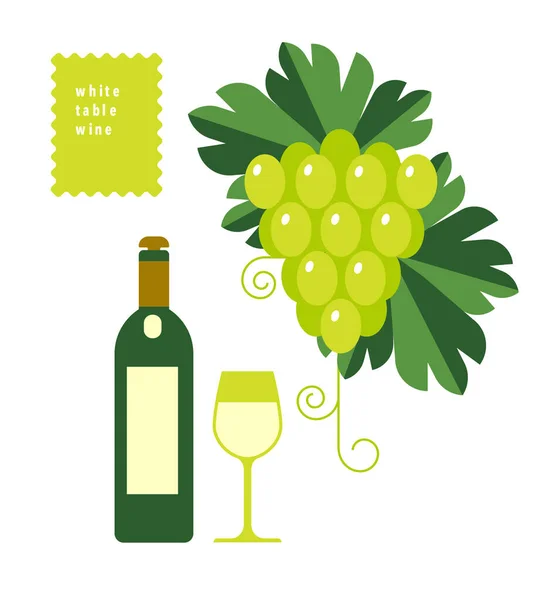 Vinho branco em garrafa e vidro, videira jovem e um monte de uvas brancas isoladas, ilustração vetorial para design de menu em branco — Vetor de Stock