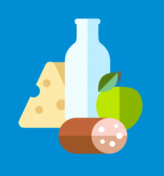 Lait, fromage, pommes et saucisses, concept alimentaire, produits laitiers, icônes d'ingrédients, isolées, illustration vectorielle sur la couleur — Image vectorielle