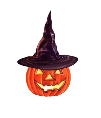 Büyük cadı şapka Cadılar Bayramı kabak izole, beyaz el çizilmiş suluboya illüstrasyon