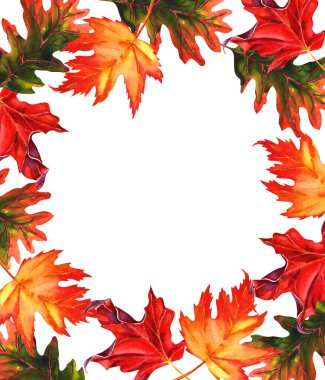 Sonbahar renkli yapraklar çerçeve, sonbahar kartı konsepti, sınır çerçevesi, izole edilmiş, el çizimi suluboya beyazı