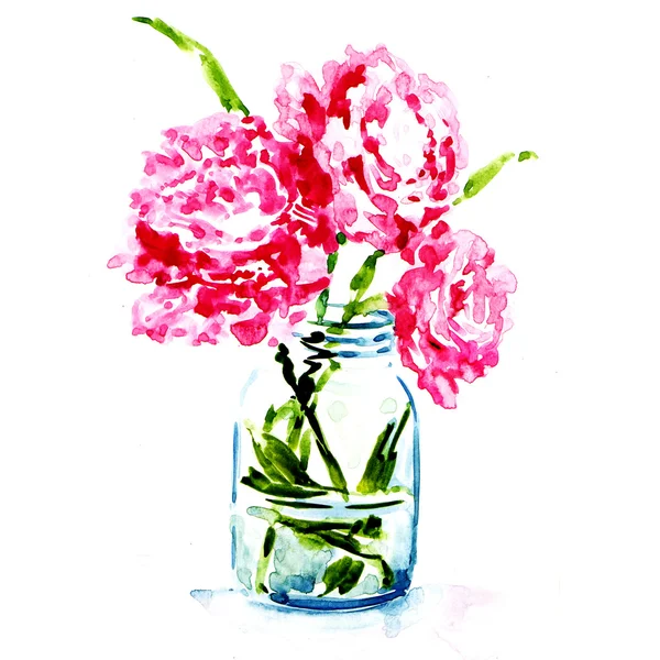 Tre peonie rosa in vaso isolato — Foto Stock