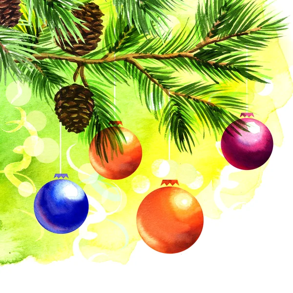 Palle di Natale su ramo di abete rosso verde — Foto Stock