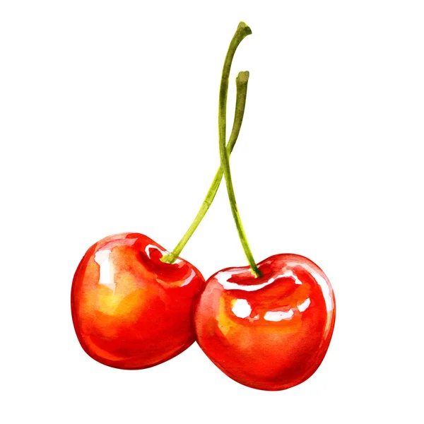Två mogna söta röda körsbär bär isolerade — Stockfoto