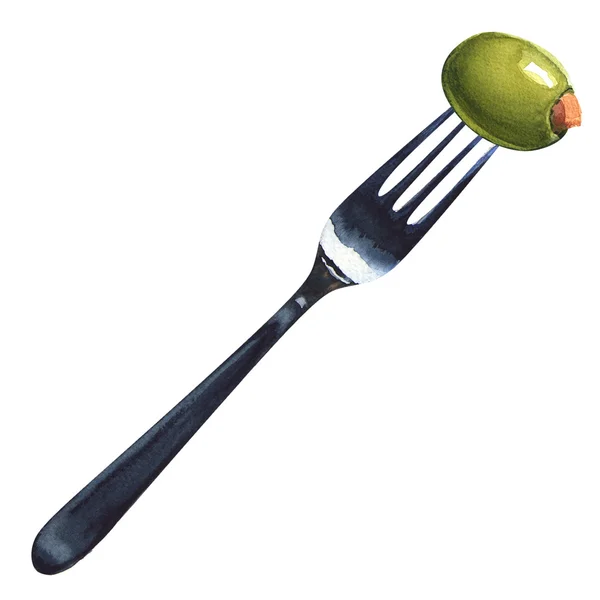 Aceitunas verdes rellenas frescas en un tenedor. Aislado —  Fotos de Stock