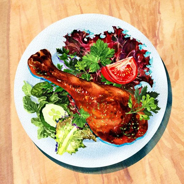 Жареная куриная ножка и овощи на белой тарелке — стоковое фото