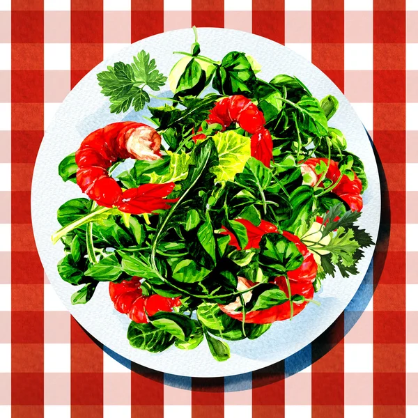 Green salad with shrimps on white plate, watercolor — Stock Photo, Image