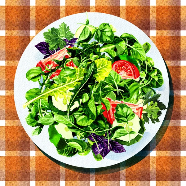 Salad with vegetables and greens on white plate — Stock Photo, Image