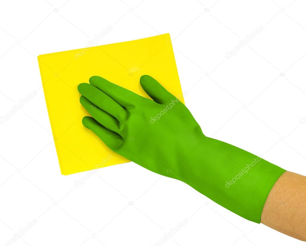 Hand in green glove with yellow rag