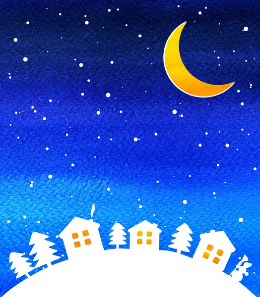 Evleri, gece gökyüzünde yıldızlar ve ay ile silüeti — Stok fotoğraf