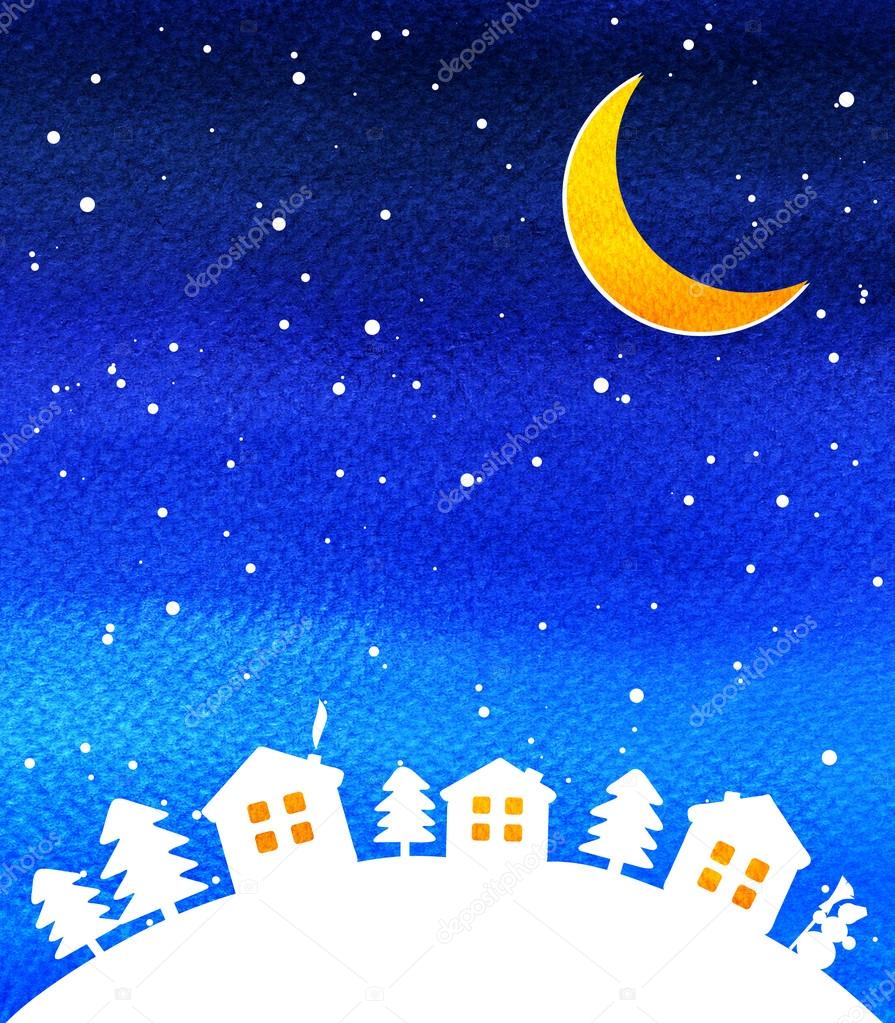 Silhouette of houses, night sky with stars and moon