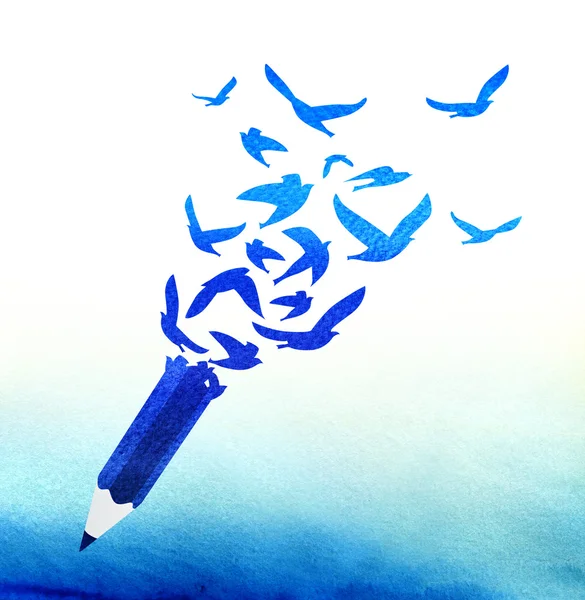 Concept de crayon bleu abstrait avec des oiseaux — Photo