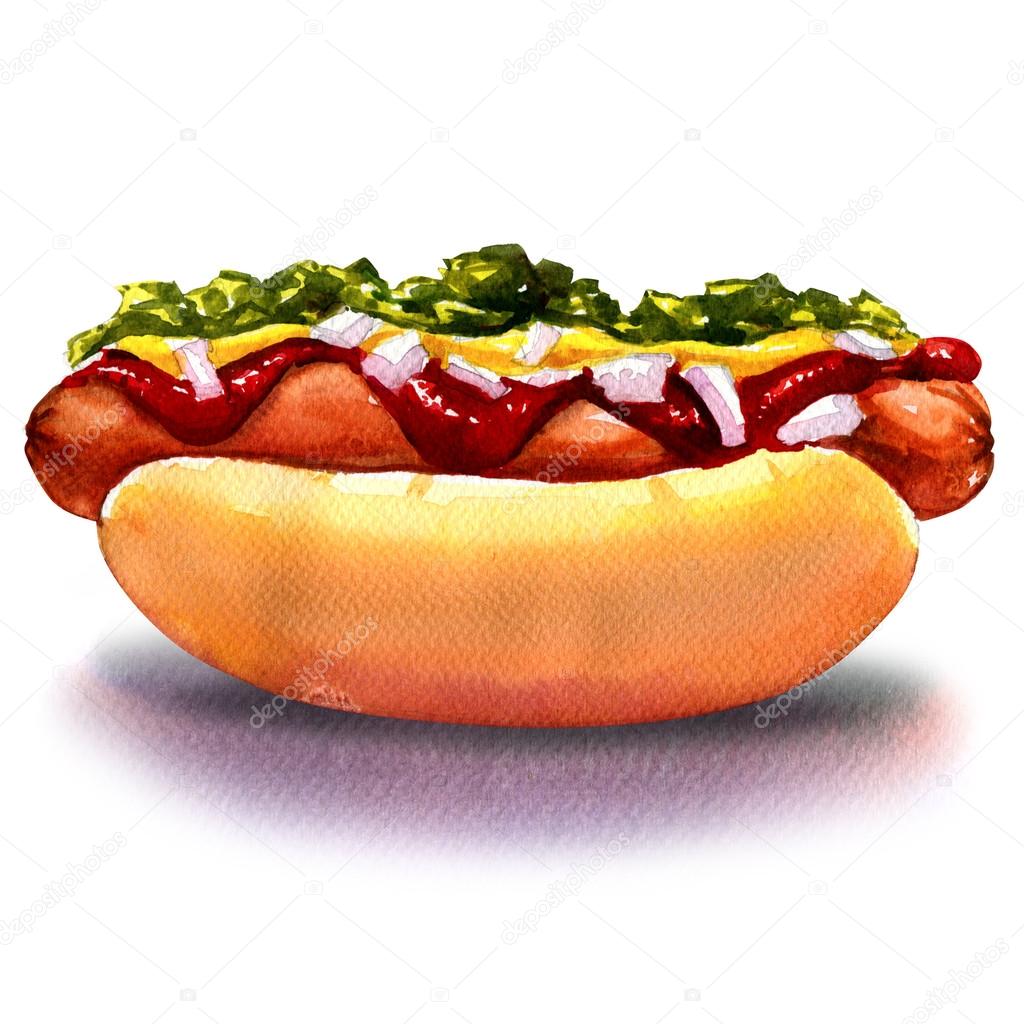hot dog with ketchup mustard and vegetables isolated