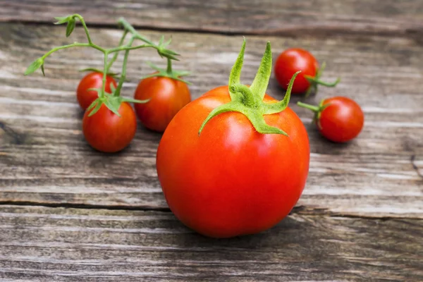 Fresh, ripe tomatoes on wood board. — Stock Photo, Image