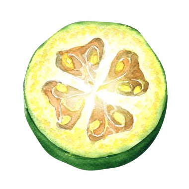 Beyaz arka plan üzerinde olgunlaşmış dilimlenmiş feijoa