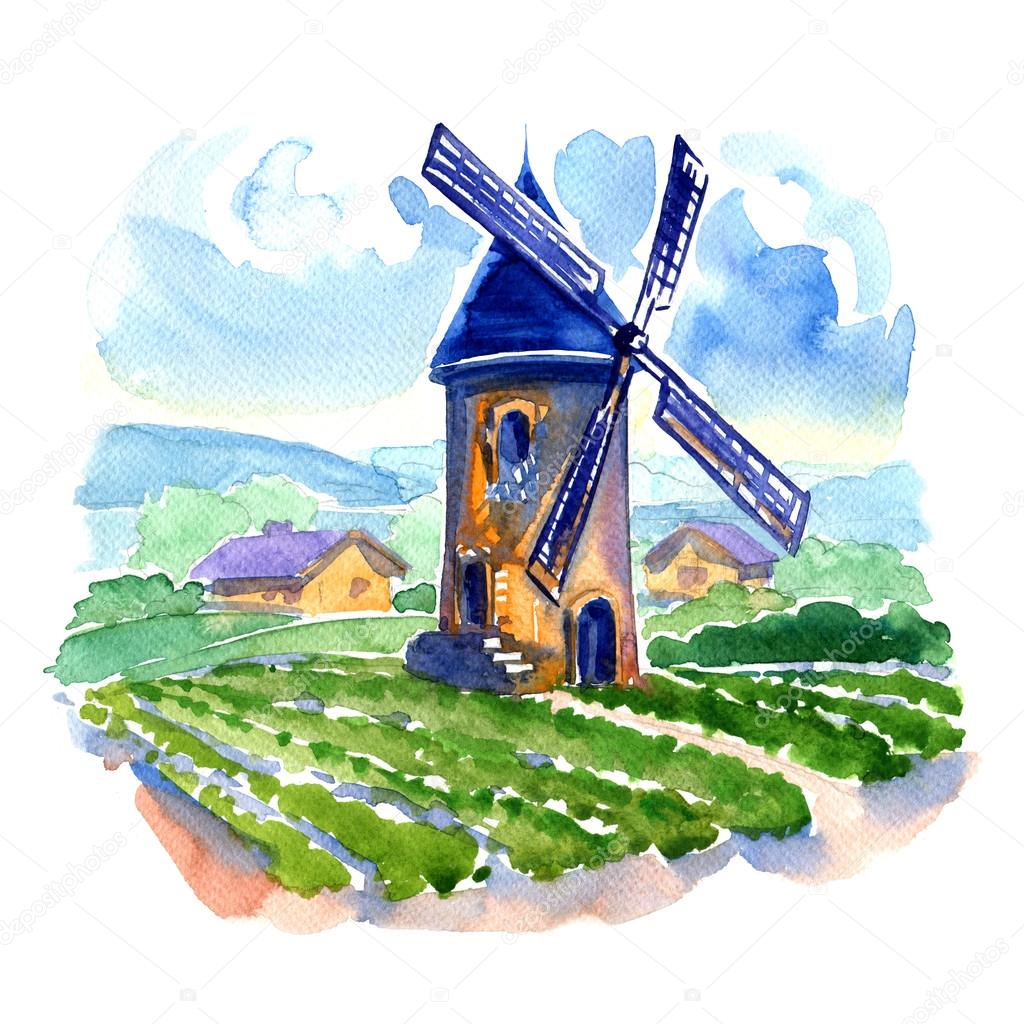 Rural landscape with fields and a mill