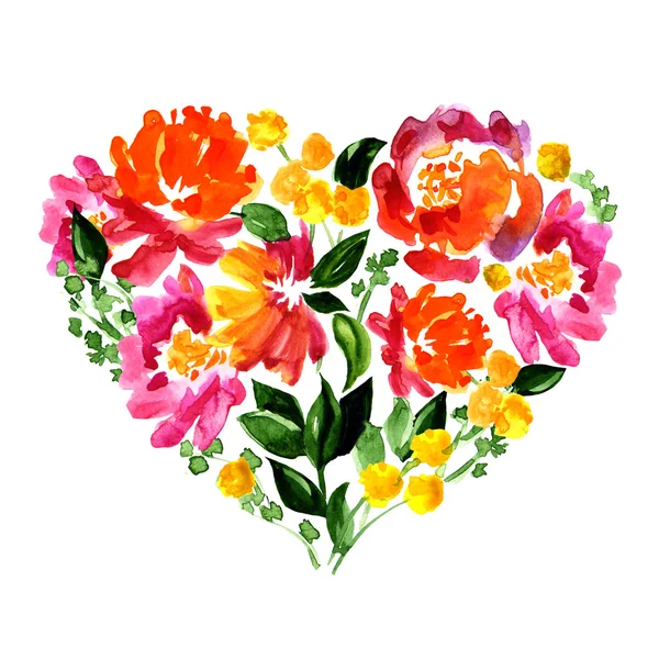 Kwiatowy serce z kwiatów i liści na białym tle. Akwarela — Zdjęcie stockowe