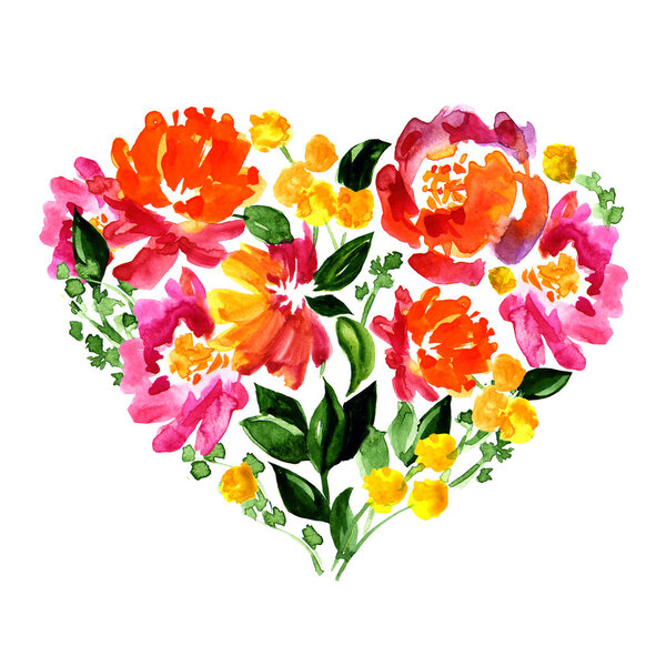 Floral heart with flowers and leaves isolated. Watercolor