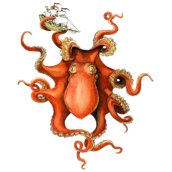 Océano pulpo gigante capturado velero, acuarela ilustración — Foto de Stock