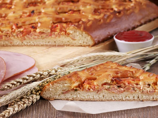 Torta russa tradicional com queijo, presunto e molho de tomate — Fotografia de Stock