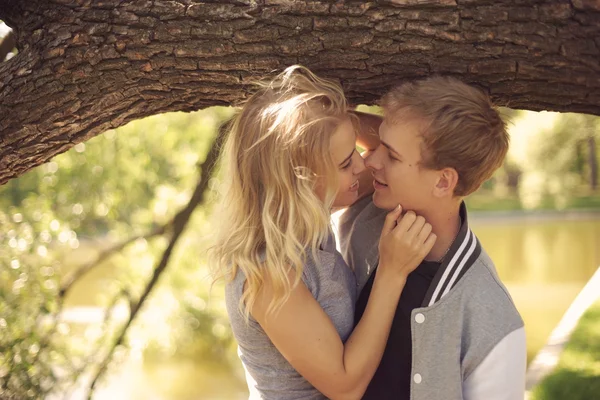 Romantický pár objímat v parku — Stock fotografie