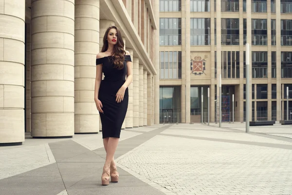 Pretty beautiful business woman in elegant black dress — Stock Photo, Image