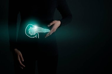 Vurgulanmış pankreas organı gösterişsiz çizim. Koyu yeşil arka planda bir kadın cesedi. Bağışıklık sistemi detoksu, probiyotik ve enzim konsepti. 