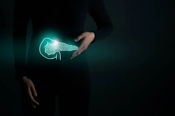 Hervorgehobene Illustration Des Bauchspeicheldrüsenorgans Frauenkörper Auf Dunkelgrünem Hintergrund Entgiftung Des — Stockfoto