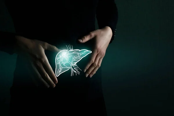Illustration of liver detox with highlighted organ and contrast hands on dark background. Low key photo with copy space toned in dark green colors.
