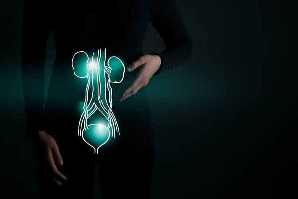иллюстрация детоксикации мочевого пузыря и киднея с выделенным органом и контрастными руками на темном фоне. Низкая ключевая фотография с пространством для копирования в темно-зеленых тонах. Дизайн медицинской концепции 