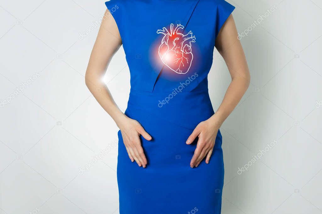 Photo template of unrecognizable woman representing graphic visualisation of heart organ highlighted red.Detox and digestive system health concept. Photo/ linear handrawn illustration.